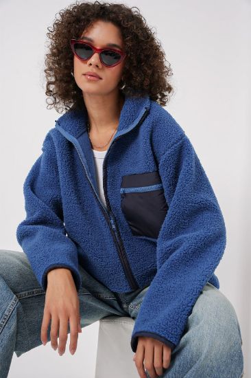 55446 Fermuarlı Oversize Peluş Ceket - Saks resmi