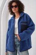55446 Fermuarlı Oversize Peluş Ceket - Saks resmi