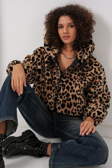 5193 Kapüşonlu Peluş Crop Ceket - C. Kahverengi resmi