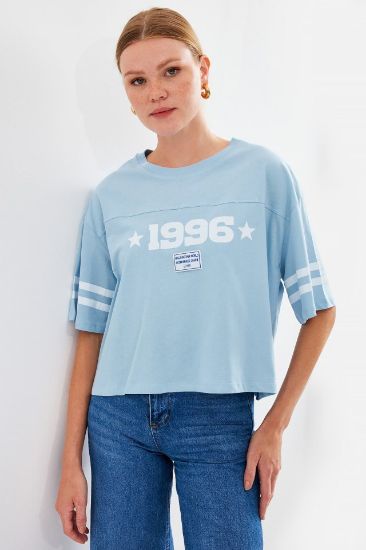 4322 Baskılı Oversize Basic Tişört - Mavi resmi