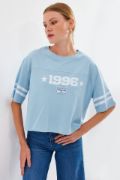 4322 Baskılı Oversize Basic Tişört - Mavi resmi