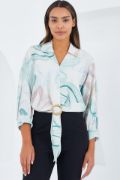 Oversize Dökümlü Crop Saten Gömlek 906 - Mint resmi