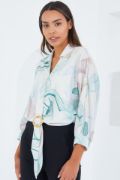 Oversize Dökümlü Crop Saten Gömlek 906 - Mint resmi