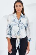 Oversize Dökümlü Crop Saten Gömlek 906 - İndigo resmi