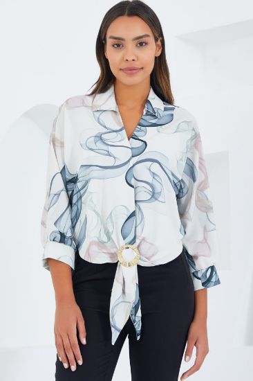 Oversize Dökümlü Crop Saten Gömlek 906 - İndigo resmi