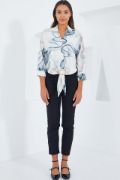 Oversize Dökümlü Crop Saten Gömlek 906 - İndigo resmi