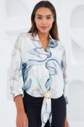 Oversize Dökümlü Crop Saten Gömlek 906 - İndigo resmi