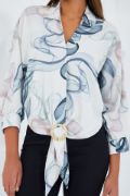 Oversize Dökümlü Crop Saten Gömlek 906 - İndigo resmi