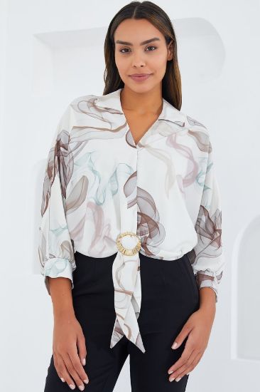 Oversize Dökümlü Crop Saten Gömlek 906 - Kahverengi resmi