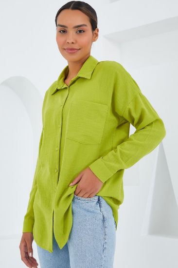 20153 Tek Cepli Oversize Keten Gömlek - Yağ Yeşil resmi