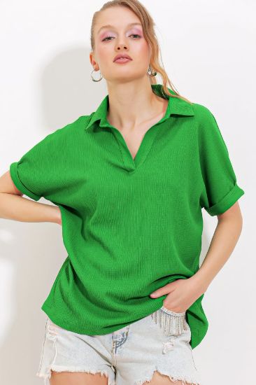 Yeşil Oversize Polo Yaka Örme Bluz 0486 resmi