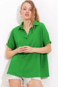 Yeşil Oversize Polo Yaka Örme Bluz 0486 resmi