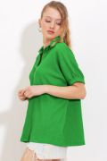Yeşil Oversize Polo Yaka Örme Bluz 0486 resmi