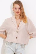 Krem Çift Düğmeli Oversize Crop Keten Ceket 0706 resmi