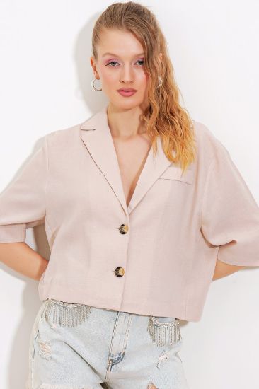 Krem Çift Düğmeli Oversize Crop Keten Ceket 0706 resmi