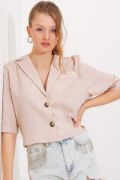 Krem Çift Düğmeli Oversize Crop Keten Ceket 0706 resmi