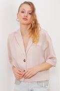 Krem Çift Düğmeli Oversize Crop Keten Ceket 0706 resmi