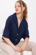 Lacivert Çift Düğmeli Oversize Crop Keten Ceket 0706 resmi