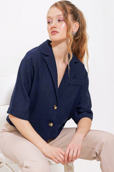 Lacivert Çift Düğmeli Oversize Crop Keten Ceket 0706 resmi