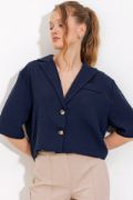 Lacivert Çift Düğmeli Oversize Crop Keten Ceket 0706 resmi