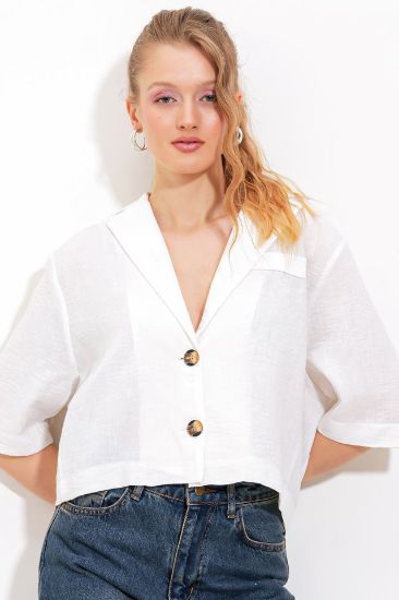 Beyaz Çift Düğmeli Oversize Crop Keten Ceket 0706 resmi