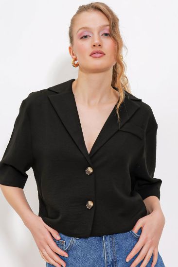 Siyah Çift Düğmeli Oversize Crop Keten Ceket 0706 resmi