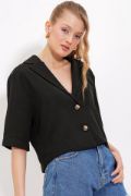 Siyah Çift Düğmeli Oversize Crop Keten Ceket 0706 resmi