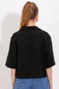 Siyah Çift Düğmeli Oversize Crop Keten Ceket 0706 resmi