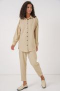 Bej Oversize Keten Alt Üst Takım 6622 resmi