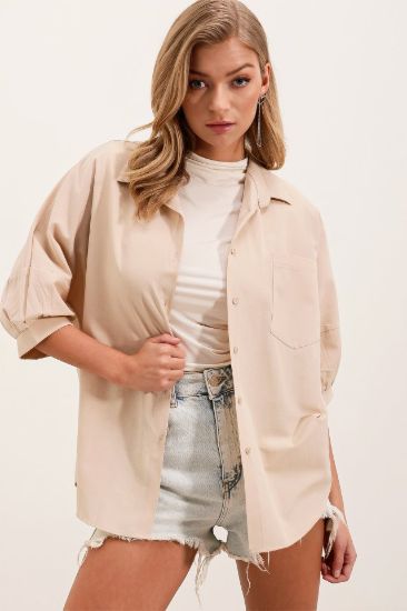 20213 Oversize Kısa Kol Basic Gömlek - Krem resmi