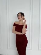 Striptiz Omuzlu Uzun Elbise- Bordo resmi