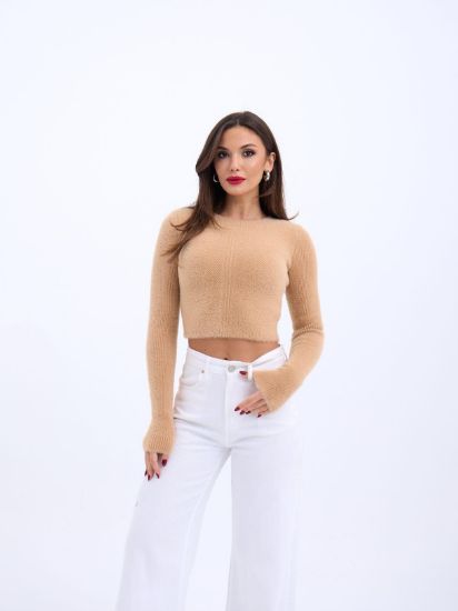 42471 TRİKO CROP KAZAK-BEJ resmi