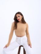 42471 TRİKO CROP KAZAK-BEJ resmi