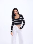 42221 TRİKO ÇİZGİLİ FİTİLLİ CROP-SİYAH-EKRU resmi