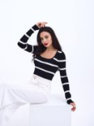 42221 TRİKO ÇİZGİLİ FİTİLLİ CROP-SİYAH-EKRU resmi