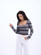 42221 TRİKO ÇİZGİLİ FİTİLLİ CROP-GRİ-SİYAH resmi