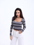 42221 TRİKO ÇİZGİLİ FİTİLLİ CROP-GRİ-SİYAH resmi