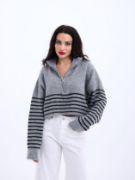 43311 TRİKO ÇİZGİLİ FERMUARLI CROP-GRİ-SİYAH resmi