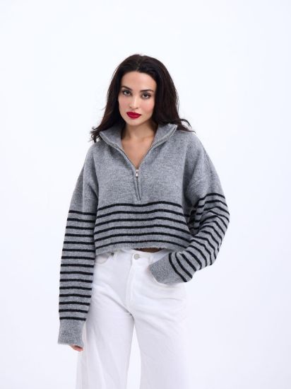 43311 TRİKO ÇİZGİLİ FERMUARLI CROP-GRİ-SİYAH resmi