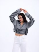 43311 TRİKO ÇİZGİLİ FERMUARLI CROP-GRİ-SİYAH resmi