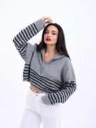 43311 TRİKO ÇİZGİLİ FERMUARLI CROP-GRİ-SİYAH resmi