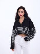 43311 TRİKO ÇİZGİLİ FERMUARLI CROP-SİYAH-EKRU resmi
