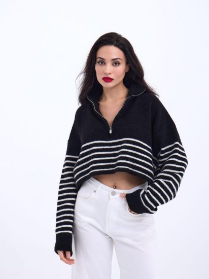 43311 TRİKO ÇİZGİLİ FERMUARLI CROP-SİYAH-EKRU resmi