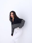 43311 TRİKO ÇİZGİLİ FERMUARLI CROP-SİYAH-EKRU resmi
