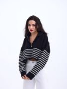 43311 TRİKO ÇİZGİLİ FERMUARLI CROP-SİYAH-EKRU resmi