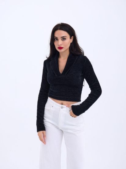42531 TRİKO SİMLİ YAKALI CROP-SİYAH resmi