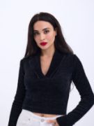 42531 TRİKO SİMLİ YAKALI CROP-SİYAH resmi