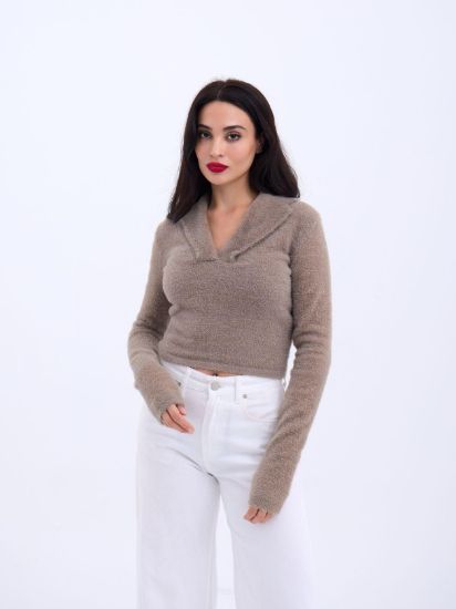 42531 TRİKO SİMLİ YAKALI CROP-KAHVE resmi
