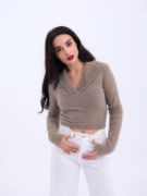 42531 TRİKO SİMLİ YAKALI CROP-KAHVE resmi