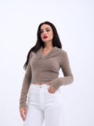 42531 TRİKO SİMLİ YAKALI CROP-KAHVE resmi